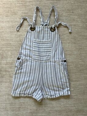 Striped White and Black Girls' Short Overalls